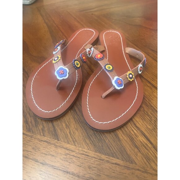 TORY BURCH Margierite Leather Flower Accents Flip Flop  Flat Thongs Sandals sz 6 - Picture 1 of 8